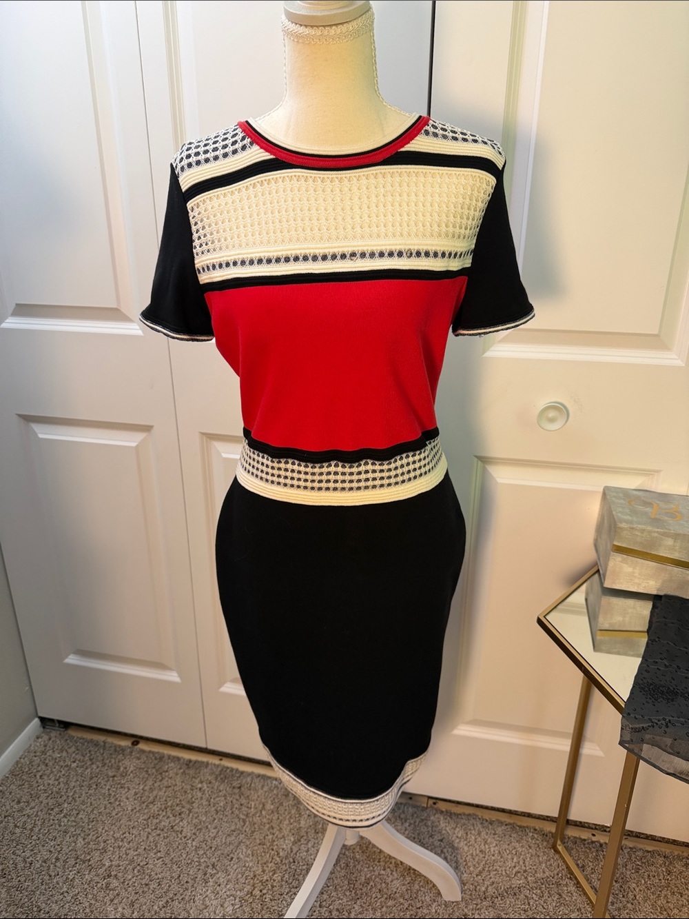 St John Women’s Colorblock Knit Pencil dress - Red, Black & Cream- sz 6